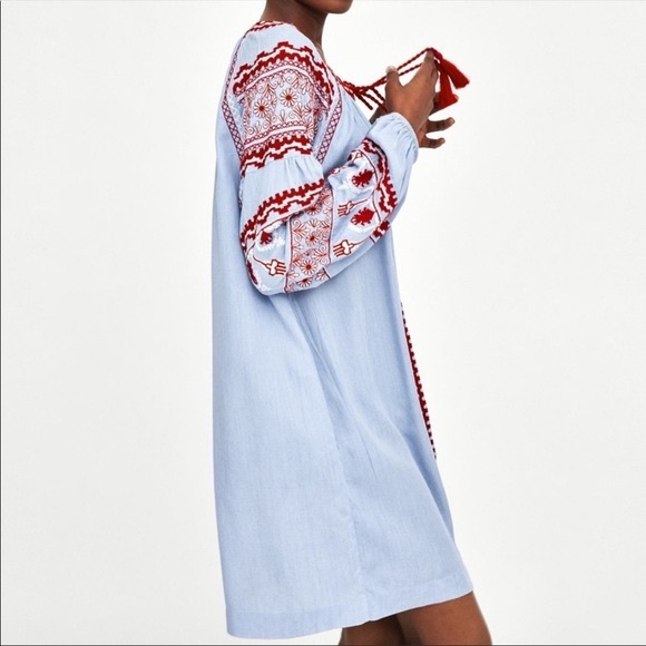 ZARA TRF Baby Blue Red Shirt Dress Embroidered Folk Aztec Peasant Size Medium - Picture 3 of 6